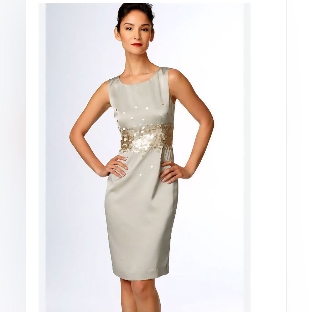 Chancelle champagne sheath dress with paillette embellishment at waist, NWT, Sz.